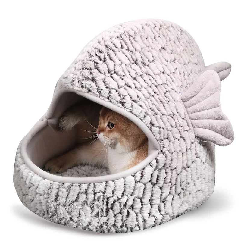 grey HEYPET кровать для кошек домик для домашних животных мягкий длинный плюшевый коврик для кошек кровать для собак милая искусственная форма рыбы переносные съемные принадлежности для кошек - Цвет: grey
