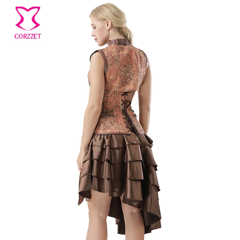 Коричневый винтажный принт джинсовая куртка + юбка корсет готические платья