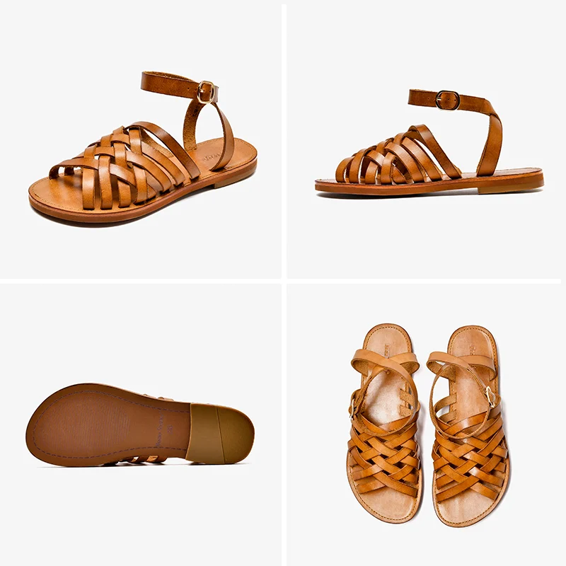 

BeauToday Gladiator Sandals Women Genuine Cow Leather Ankle Strap Woven Summer Beach Ladies Flat Heel Shoes Handmade 33010