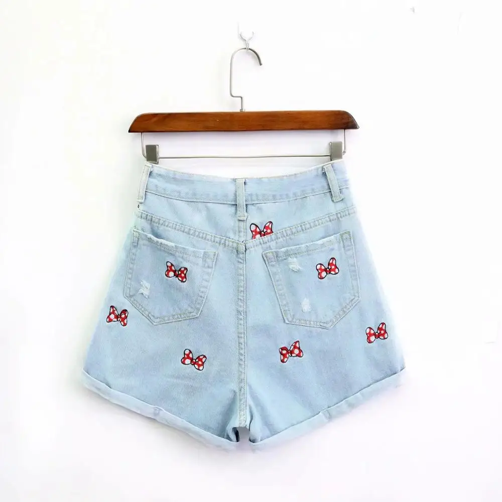 Jenny&Dave summer vintage shorts women high street ball and bow embroidery cartoon high waist denim mom shorts women