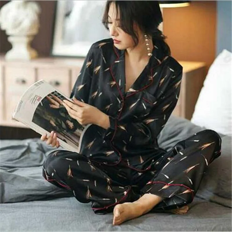 Новые женские атласные пижамы комплекты повседневная одежда для сна с длинным