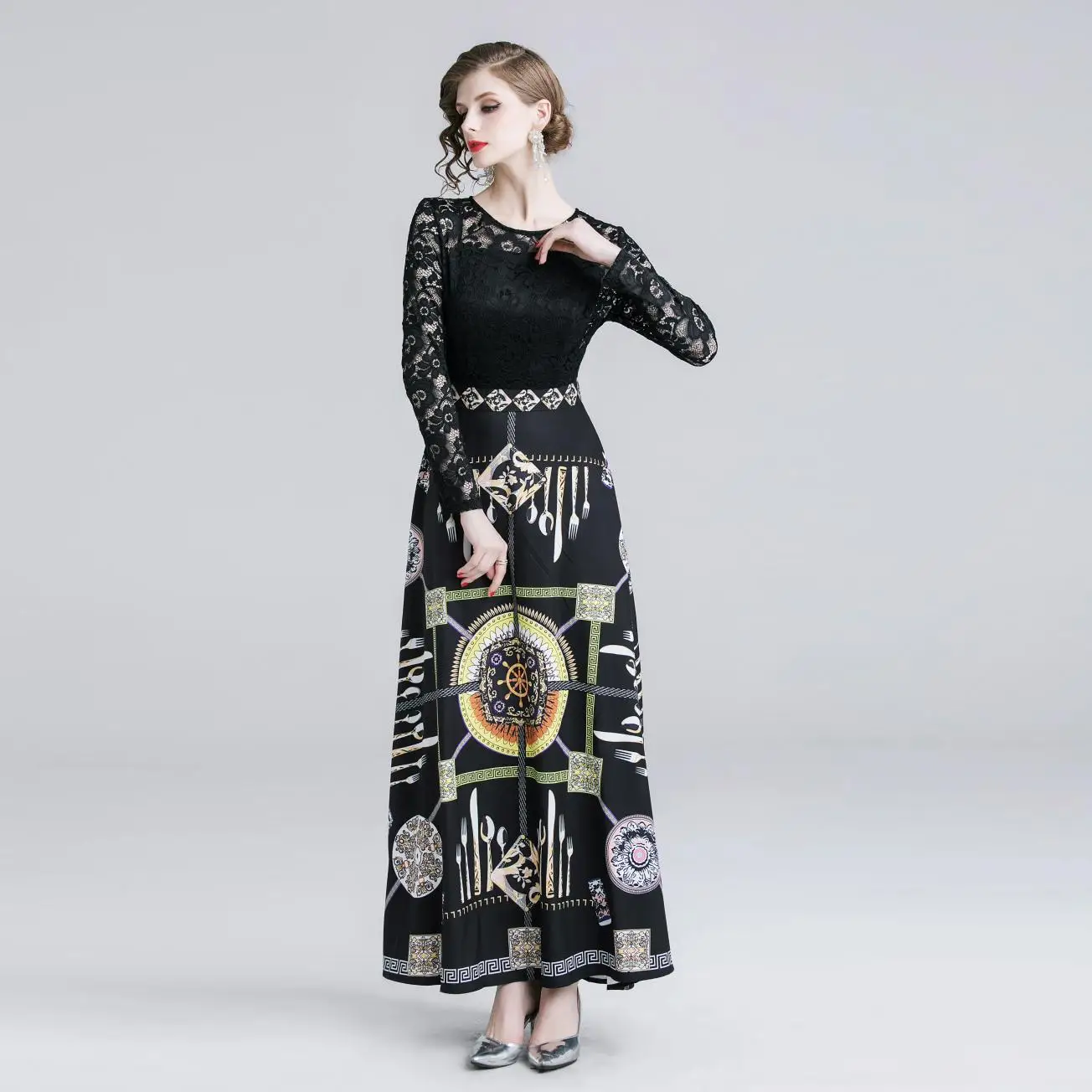 Женское длинное кружевное платье элегантное облегающее в стиле ретро с высокой