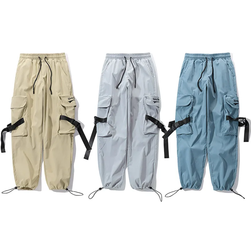 Pants Men Solid Color Track Trousers Drawstring Elastic Waist Casual Fashion Multi-Pocket Joggers Sweatpants | Мужская одежда