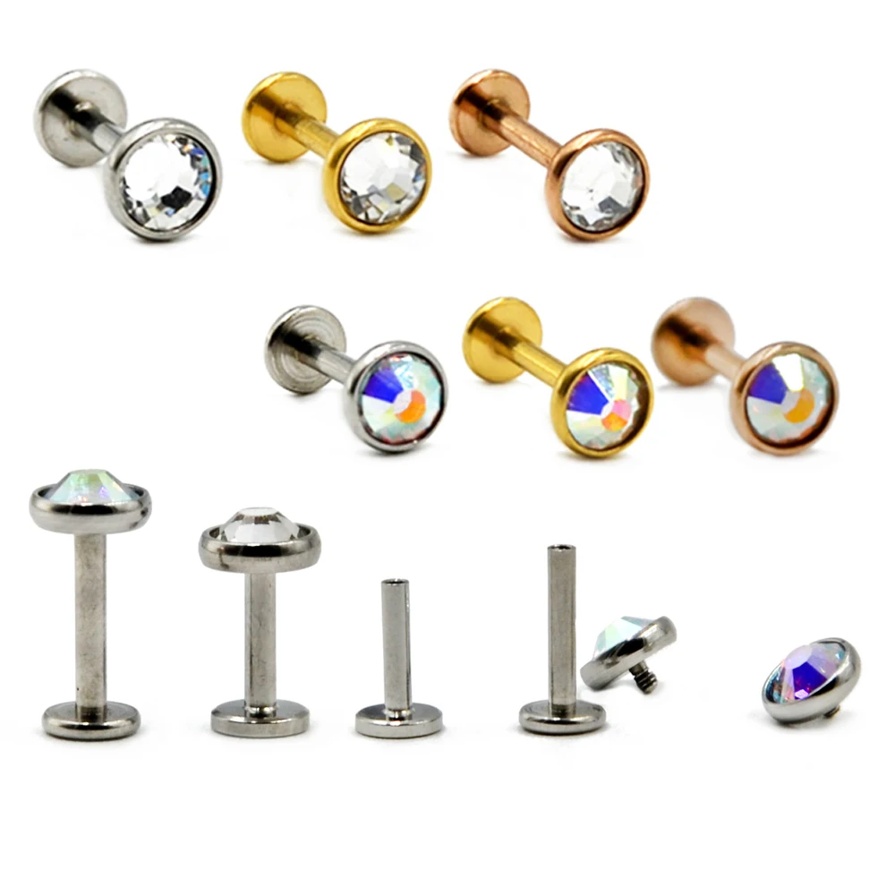 Showlove-1pcs хирургические Сталь CZ Gem Labret Козелок Уха серьги, Надеваемые На ушной хрящ с плоской Bac губы кольца, пирсинг 16 г