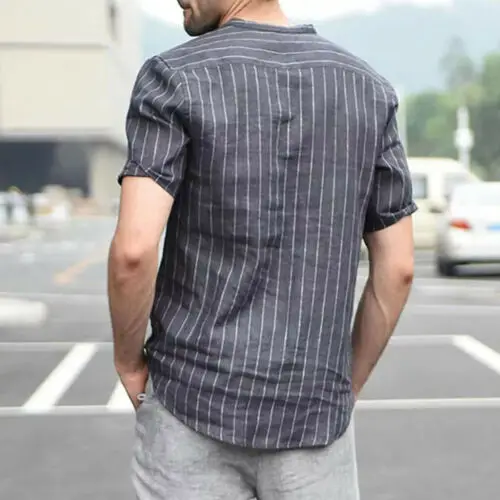 

2019 Summer Men's Stripe Linen V Neck Short Sleeve Basic Shirts Office Cool Loose New Stand Collar