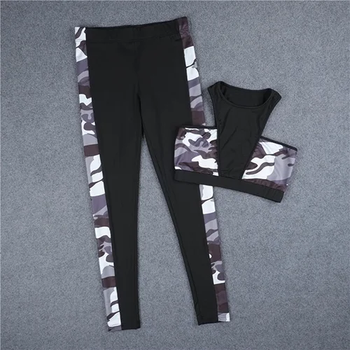 camoufalge print Горячая фитнес Камуфляжный спортивный костюм с принтом для женщин спортивная одежда укороченный топ и женские брюки 2 шт. Комплект женский спортивный черный костюм для йоги - Цвет: camoufalge print