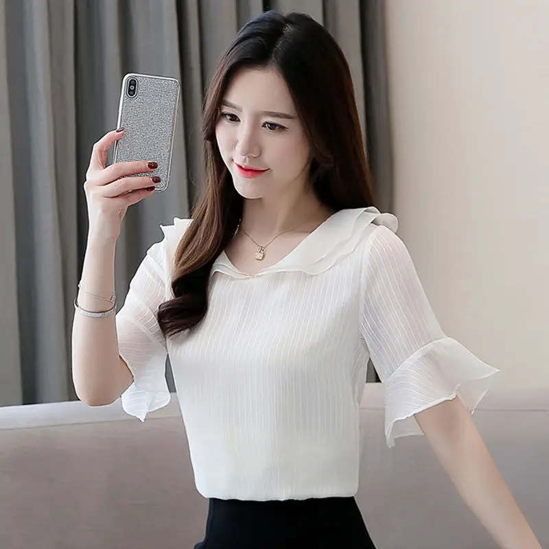 

Women Spring Summer Style Chiffon Blouses Shirts Lady Casual Elegant Short Flare Sleeve Peter Pan Collar Blusas Tops DF2691
