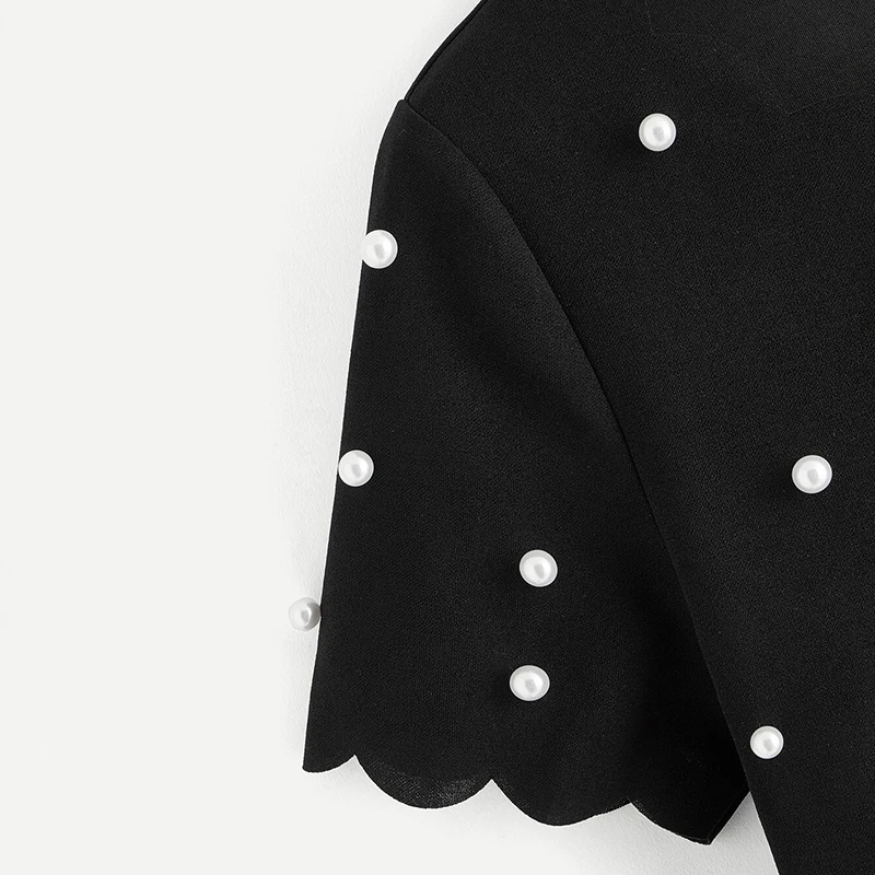 SHEIN модный топ, украшенный жемчугом, с фигурной отделкой,, однотонный, элегантный, облегающий, летний, короткий рукав, женская одежда, топы и блузки