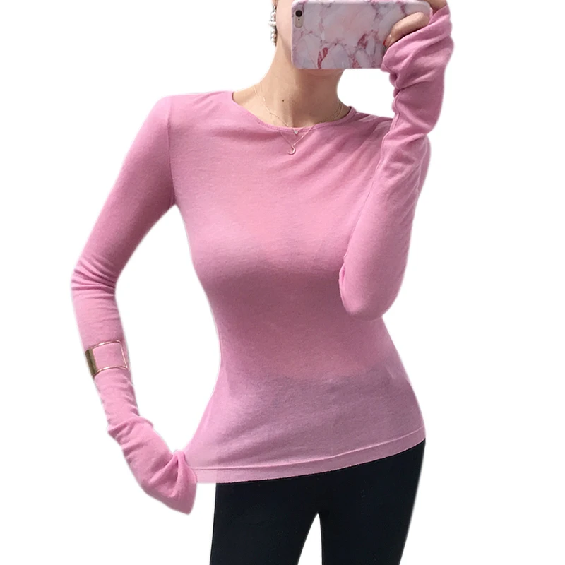 

Slim High Quality Plain Sexy Tshirt Women Long Sleeve Korean Style Basic Elasticity Top Vogue Women Thin T-shirt See Through