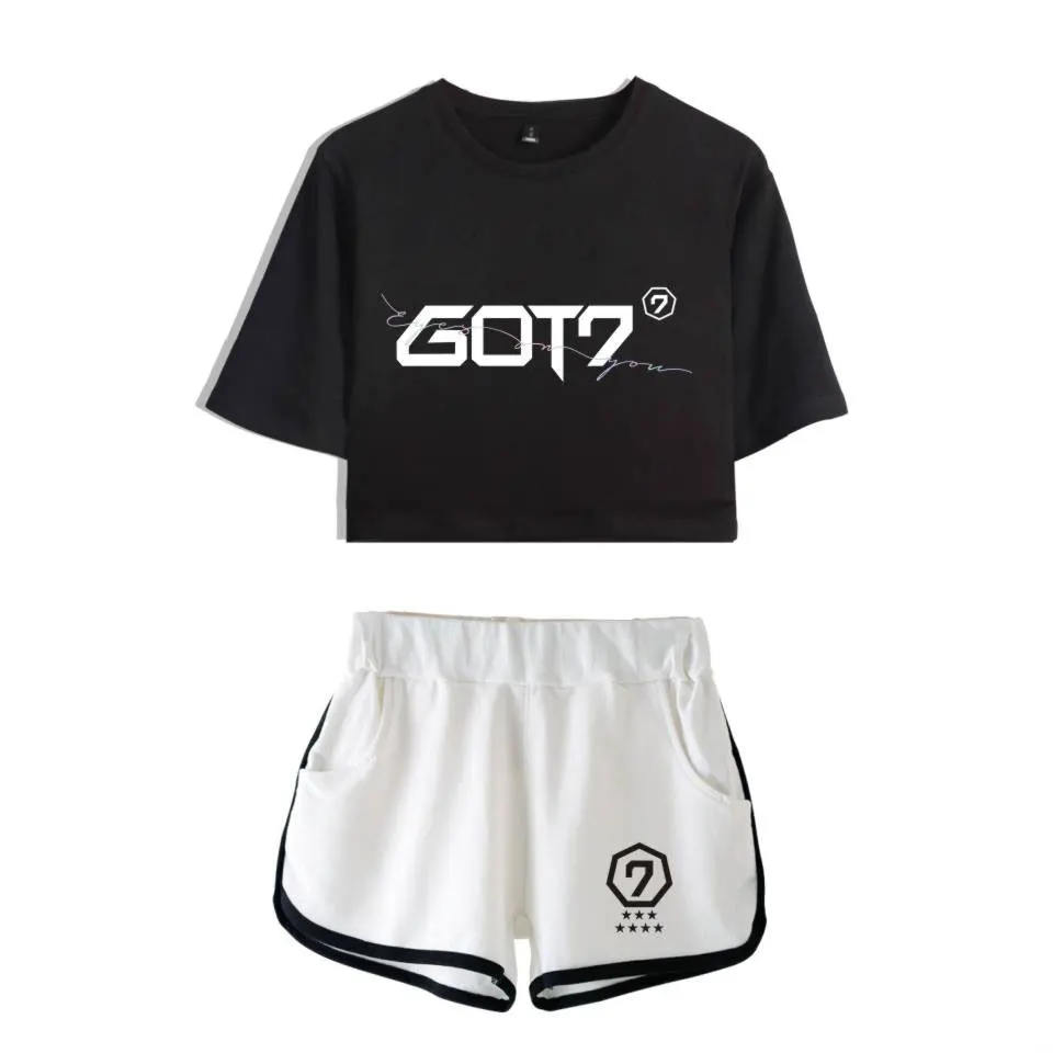 Новинка комплект из двух предметов Kpop GOT7 летняя сексуальная хлопковая Футболка с