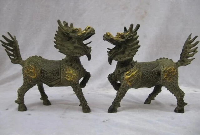 

song voge gem S0442 7"Chinese Folk famous classical Bronze Gilt Lucky Evil foo Dog kylin beast Pair