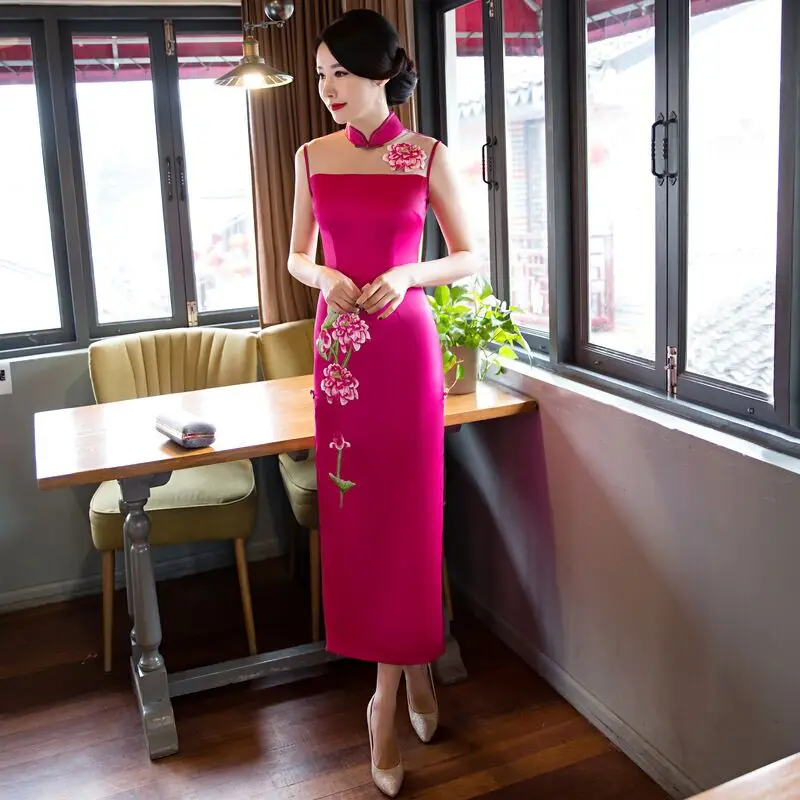 Новое поступление женское атласное длинное платье Ципао в китайском стиле