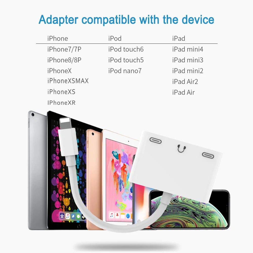 3 in 1 Audio Splitter Adapter for Lightning to Dual Light-ning 3.5mm Headphone Aux Jack for iPhone X/XR/XS Max/8/8P/7P/iPad/iPod