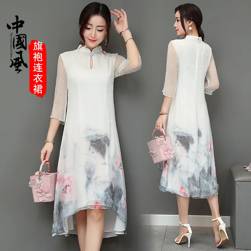 Ретро Китайский Стиль печати Cheongsam 2018 новый летний dressthree квартал рукава