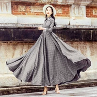 free shipping 2021 new spring and autumn women long sleeve maxi turn down collar s l vintage plaid grey dress with belt big hem