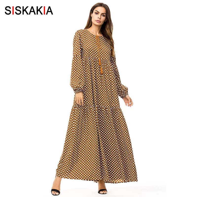 Siskakia/Модное Длинное Платье с узором в горошек; весенне-осеннее платье с оборками в стиле пэчворк; Длинное свободное платье; Цвет Коричневый, Дубай, ОАЭ; кафтан; платья