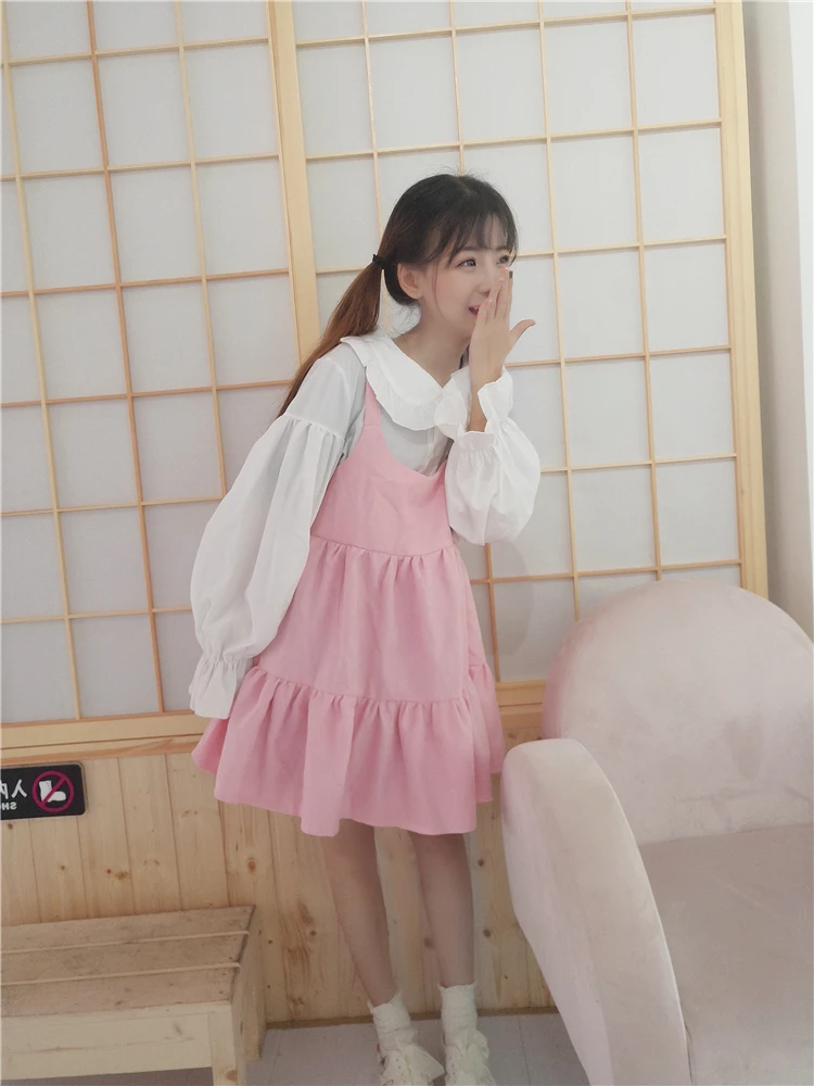 Lolita Dress Sweet Cute Kawaii Girls OP Princess Maid Vintage Ruffles Skirt Puff Sleeve Top and Pink Women Round Collar | Тематическая