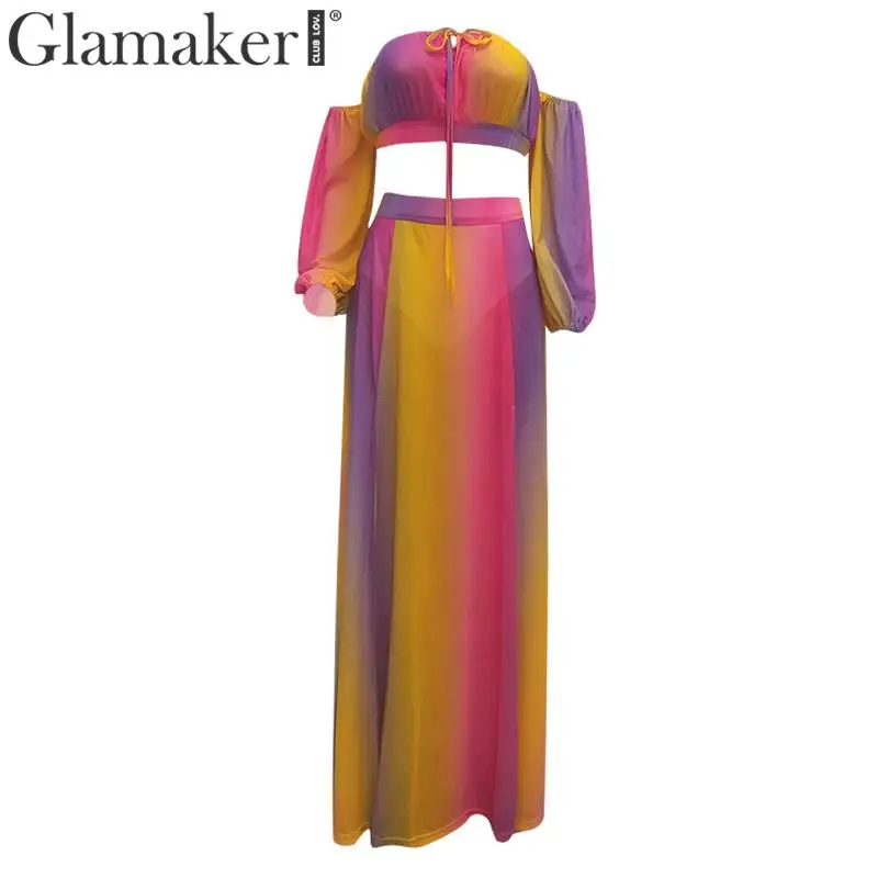 Rose red Glamaker, Радужный костюм из 3 предметов, винтажное платье, женское платье с открытыми плечами, негабаритное летнее макси платье на шнуровке, с высоким разрезом, вечерние, Клубные, vestidos - Цвет: Rose red