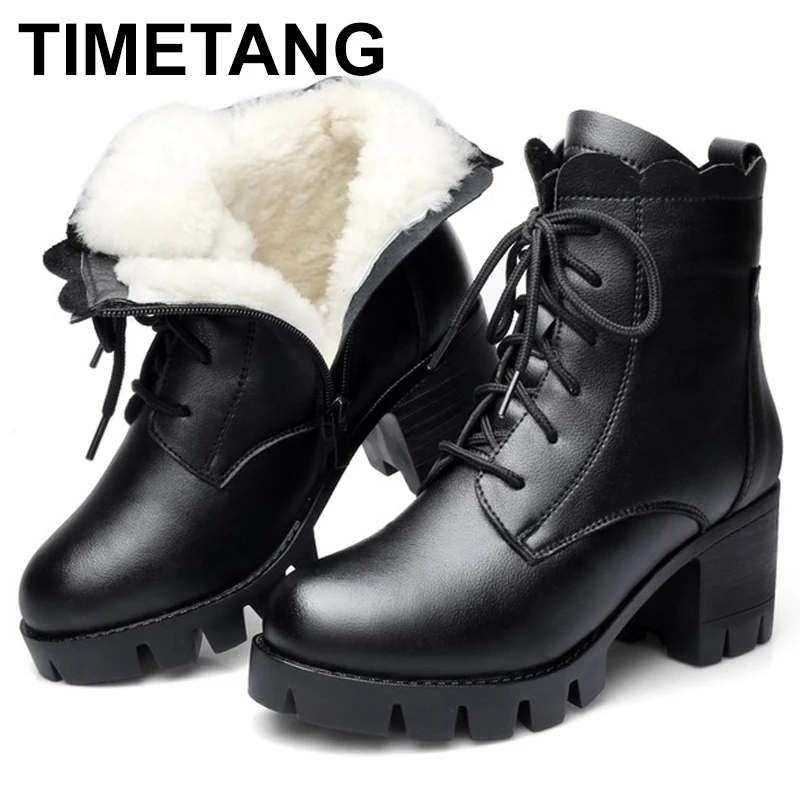 

TIMETANG 2019 Fashion Genuine Leather Ankle Boots Women Winter Wool Warm Mar Boots Thick High Heels Snow Boot Female Shoes E309