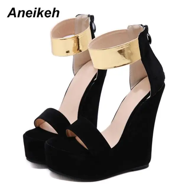 Black Aneikeh/ г.; выразительные Модные женские босоножки из флока; Повседневные Вечерние черные босоножки на молнии, на танкетке, на высоком каблуке, на платформе, с круглым носком, с закрытой пяткой; Размеры 35-40 - Цвет: Black