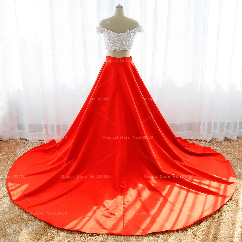 White And Red Hippie 2 Piece Bridal Wedding Dresses Lace Flowers Arab Indian Bride Dress Satin Pearls Off Shoulder R118 | Свадьбы и