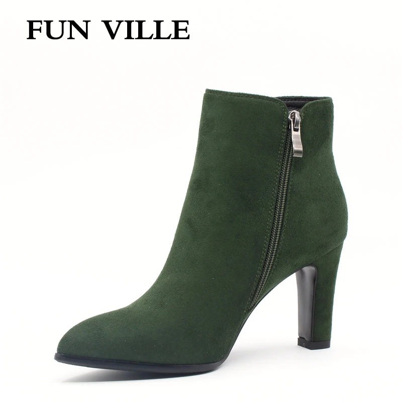 

FUN VILLE 2018 Autumn winter Women Ankle Boots Hignt quality Flock Green Pointed Toe Zipper Size 35-42