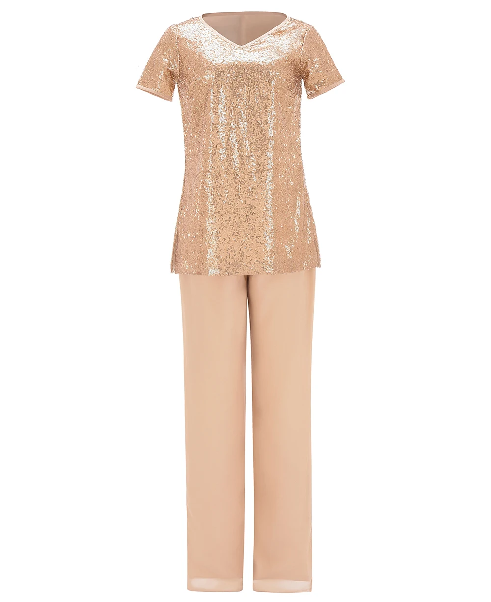 Женский элегантный шифоновый костюм из 2 предметов с блестками и v образным