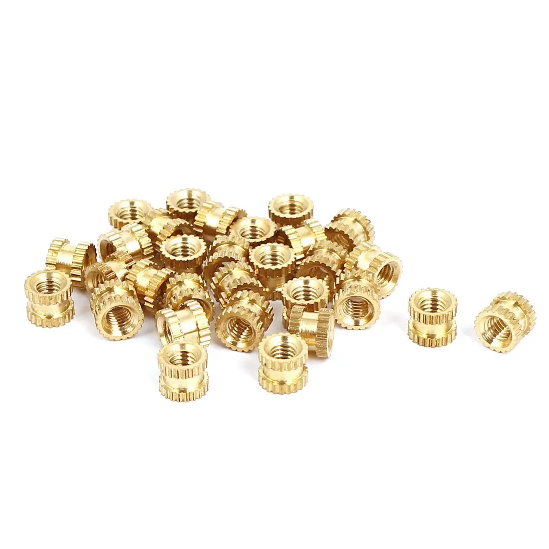 Gold 20шт M2x3mmx3.2mm латунная рифленая вставка Встроенная M2 рифленая гайка Встроенная застежка латунная двойная Проходная гайка с накаткой - Цвет: Gold