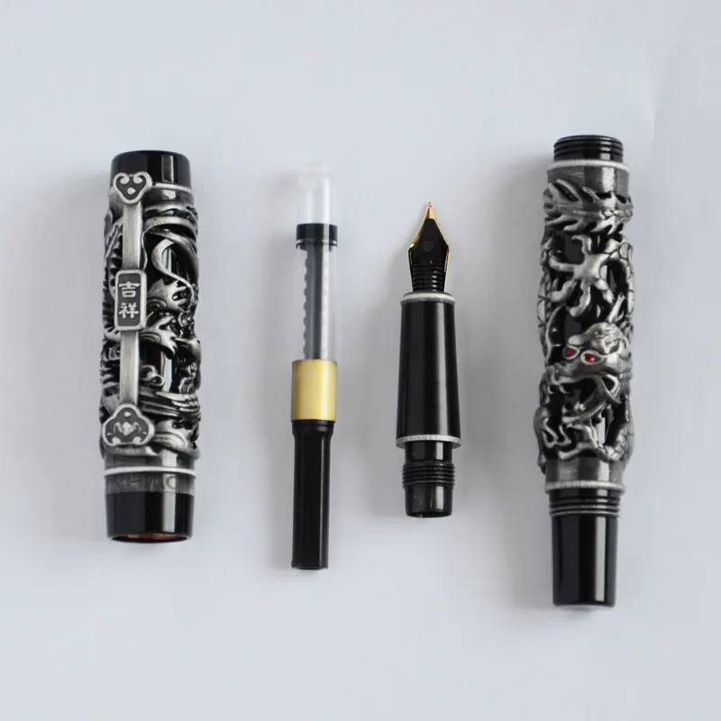 Авторучка NOBLE JINHAO антикварная серебряная и черная Дракон Феникс 18KGP изящный