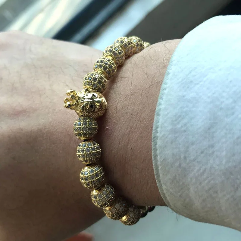 2018 New Fashion Lion Crown &amp 8MM CZ Ball Beads Braiding Charm Bracelets For Men Women Jewelry Pulseira Masculina | Украшения и