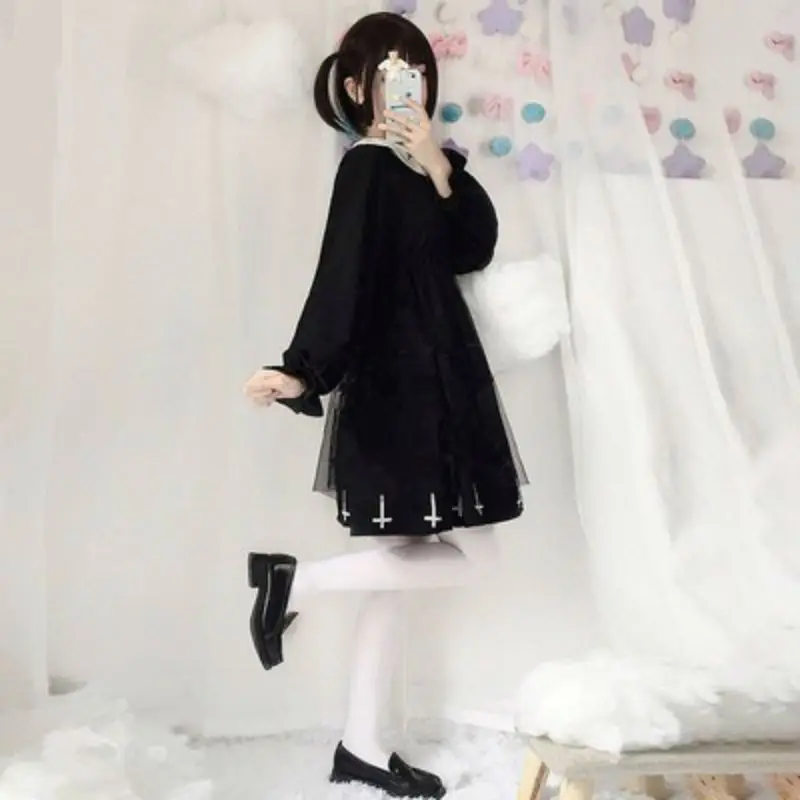 

Japanese Soft Sister Vintage Lolita Dress Dark Girl Gothic Lolita Doll Collar Kawaii High Waist Ruffle Short Full Sleeve Dresses