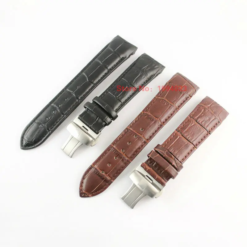 23mm (Buckle 20mm) T035617A T035439 High Quality Silver Butterfly Buckle + Brown Black Genuine Leather curved end Watchband