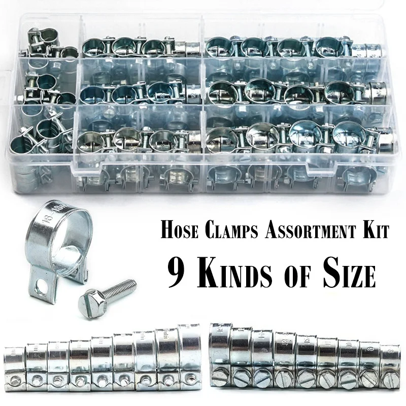 

135Pcs Hose Clamp Double Ears Clamp 8-18mm Worm Drive Fuel Water Hose Pipe Clamps Clips Hose Fuel Clamps Assorted Kit