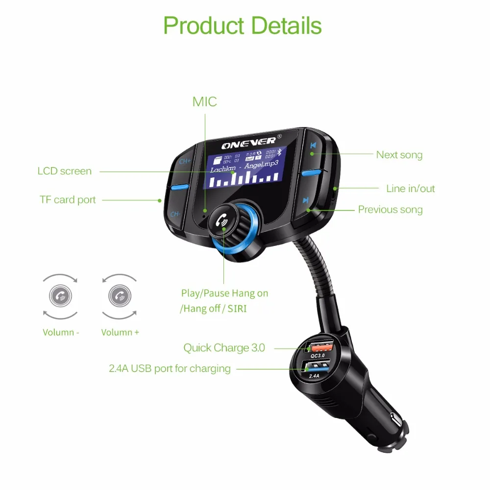 ONEVER FM передатчик Bluetooth Car Kit Hands Free 2 порта USB быстрое зарядное устройство 1.65