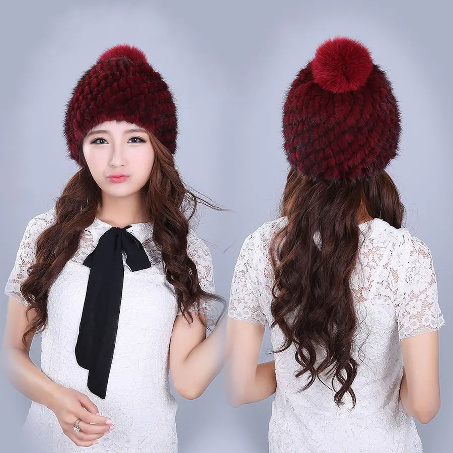 2018 Real Fur Hat Women New Winter Natural Mink Lining Knitted Beanie Red Wine Elegant Brown Black Solid | Аксессуары для одежды