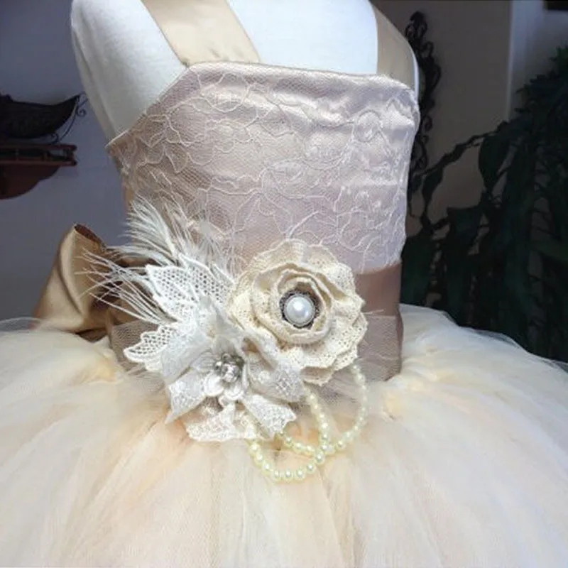 2016 винтажное кружевное платье на бретельках цвета шампанского пышный