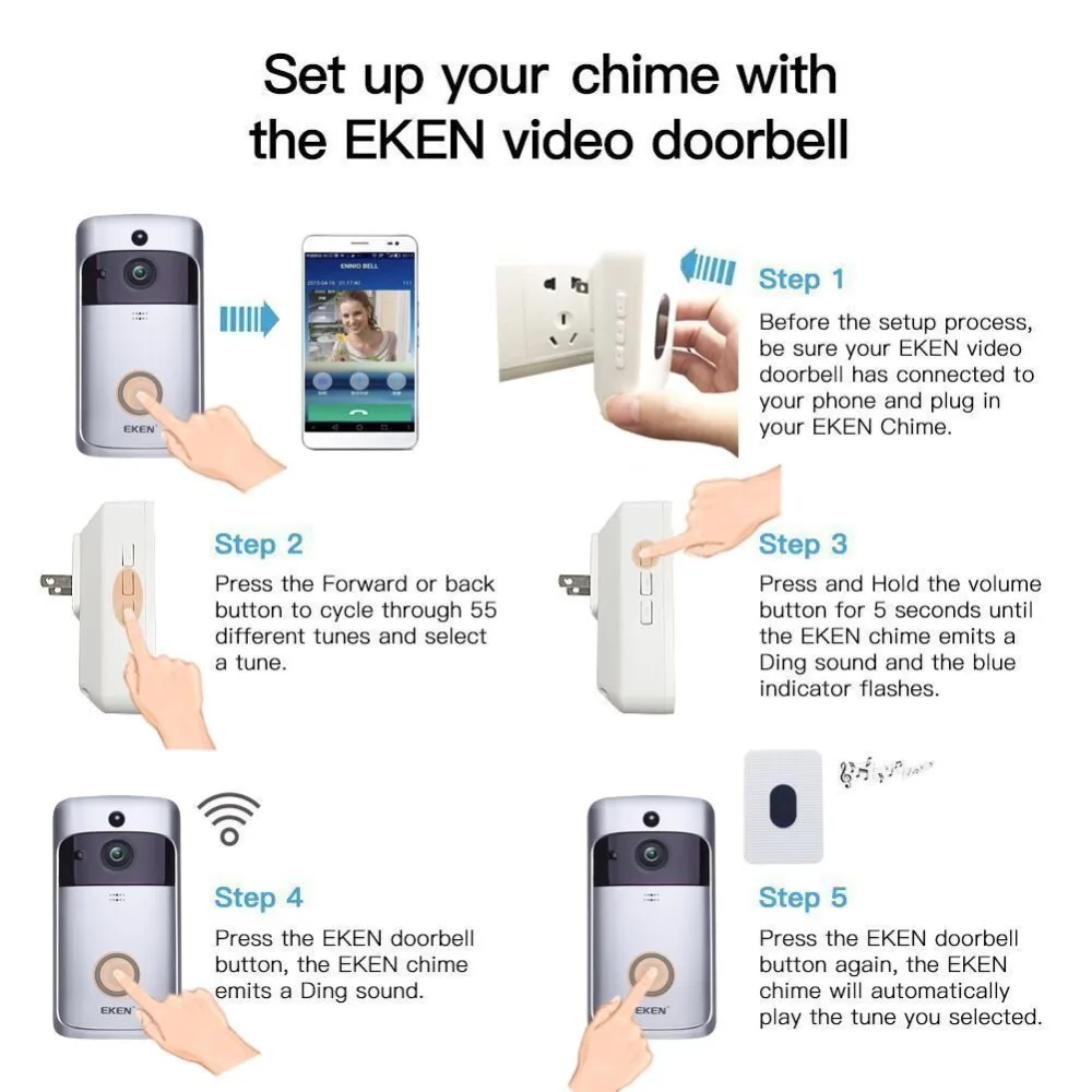 Eken Smart Video дверной звонок 3 в режиме реального времени видео 720P HD Wifi камера