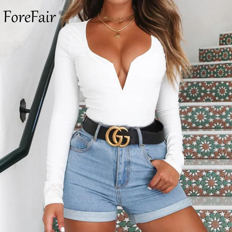 Forefair Long Sleeve Sexy Bodysuit Black Red White V Neck Streetwear Fashion Club Body Suit Bodycon Jumpsuit Women