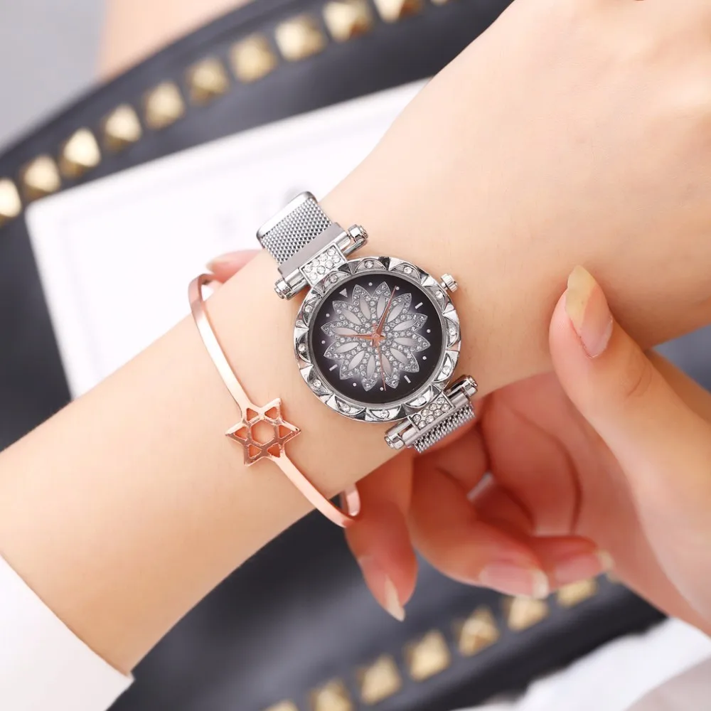 Часы с магнитной пряжкой Lucky Flower модные женские кварцевые часы со стразами Прямая