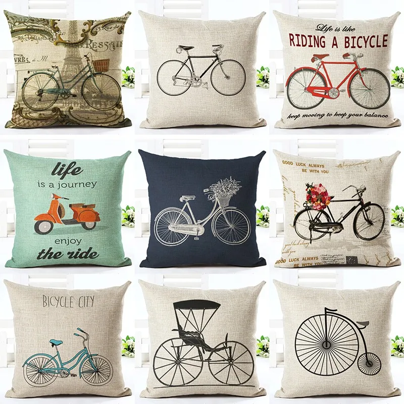 Vintage style classic decorative throw pillowcase Various Bicycle Printed cushion cover for sofa home almofadas wholesale