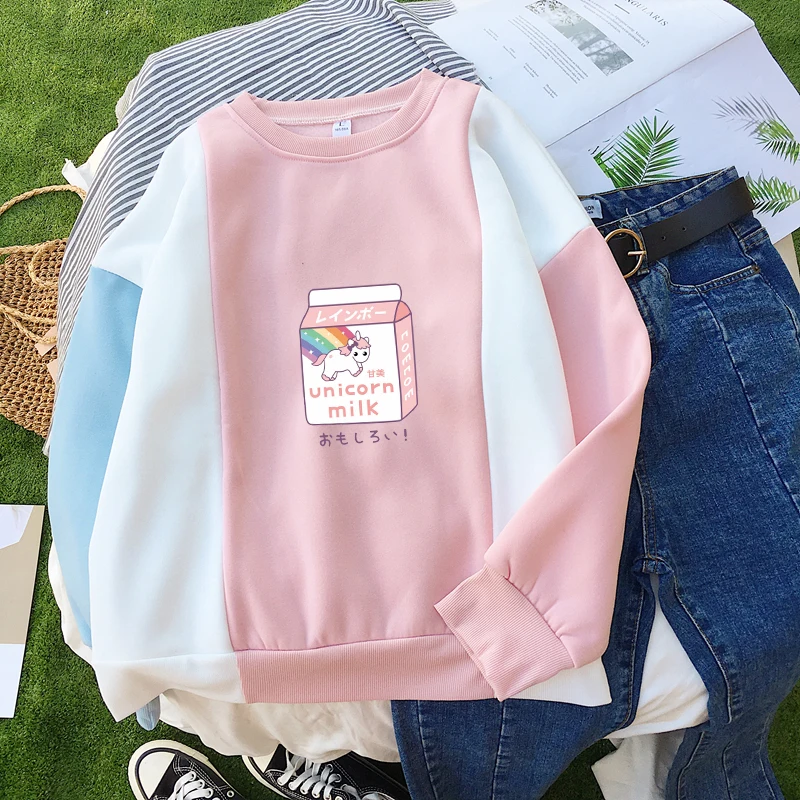 

Unicorn MIlk Hoodies Women Fleece Harajuku Casual Kawaii Cartoon Print Sweatshirt Autumn Winter Raglan Splicing Pullover Clothes
