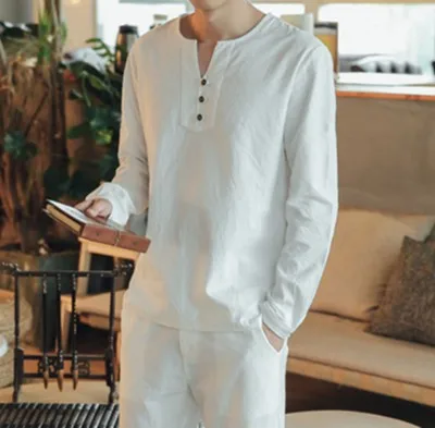 white long shirts Мужская футболка большого размера, M-7xl 8XL 9XL, футболка, льняные футболки с длинными рукавами, повседневный костюм из двух предметов с v-образным вырезом, комплекты футболок 150 кг - Цвет: white long shirts