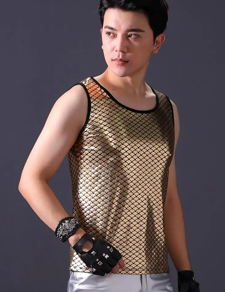men vest gold silver clothing personality slim male sleeveless vests punk rock costumes hombre singer dance stage fashion | Мужская