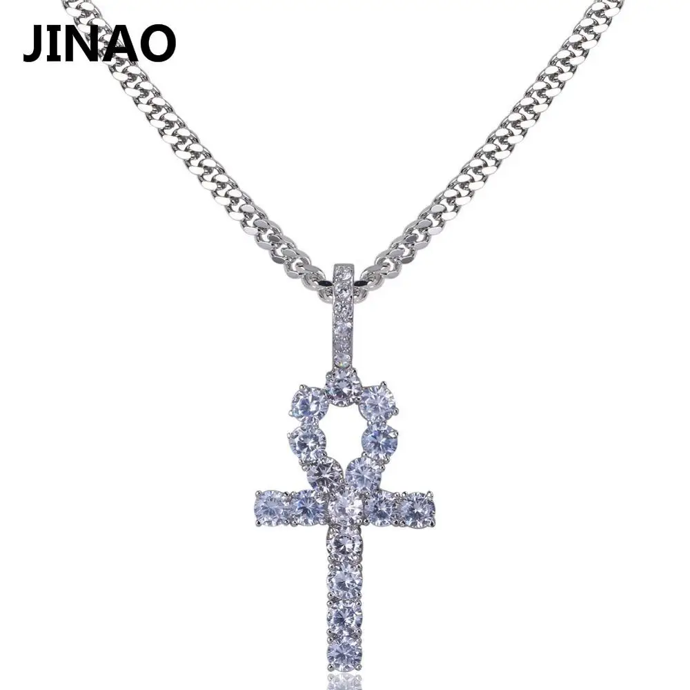 JINAO хип-хоп подвеска в виде креста Ankh, ожерелье с микро камнями CZ, Египетский стиль, Молитвенное ожерелье и подвески для мужчин и женщин, 24 дюйма - Окраска металла: Silver