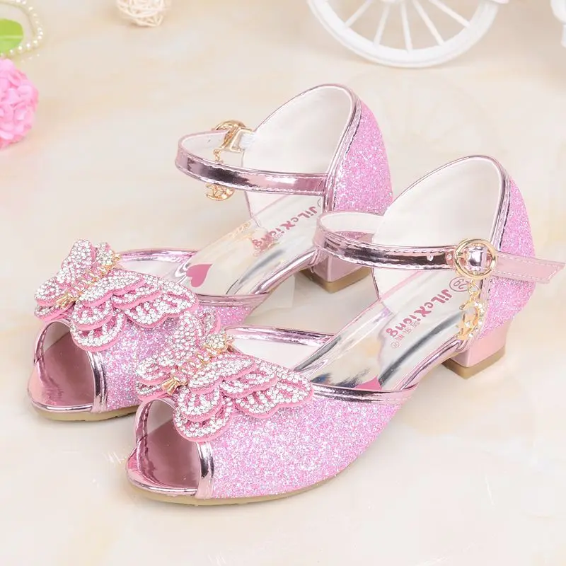 

Kids Sparkling Mary Jane Wedding Dress Party Dance Sandals Low Heel Pumps Crystal Butterfly Glitter Formal Shoes