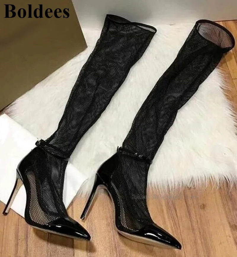 Пикантные Открытые черные кружевные туфли на высоком каблуке Женские ботфорты