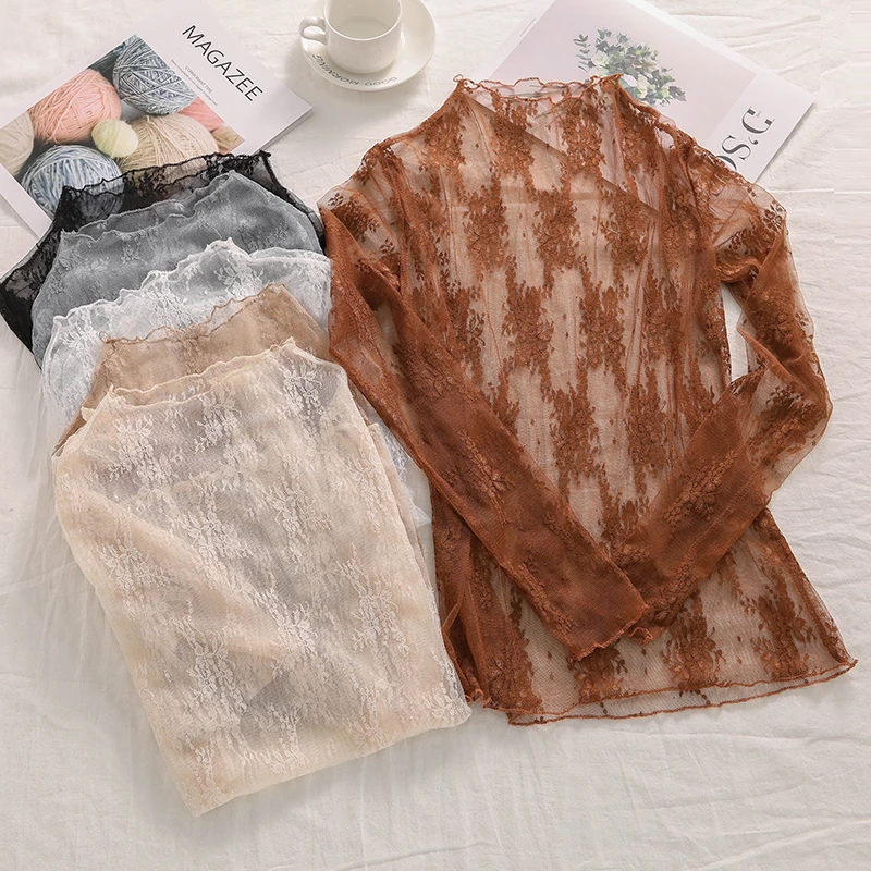 

Hot Autumn Winter Women Lace Blouses Base Shirt Women tops Sexy mesh Blouses See-through Long Sleeve Black Striped Shirt Blouse