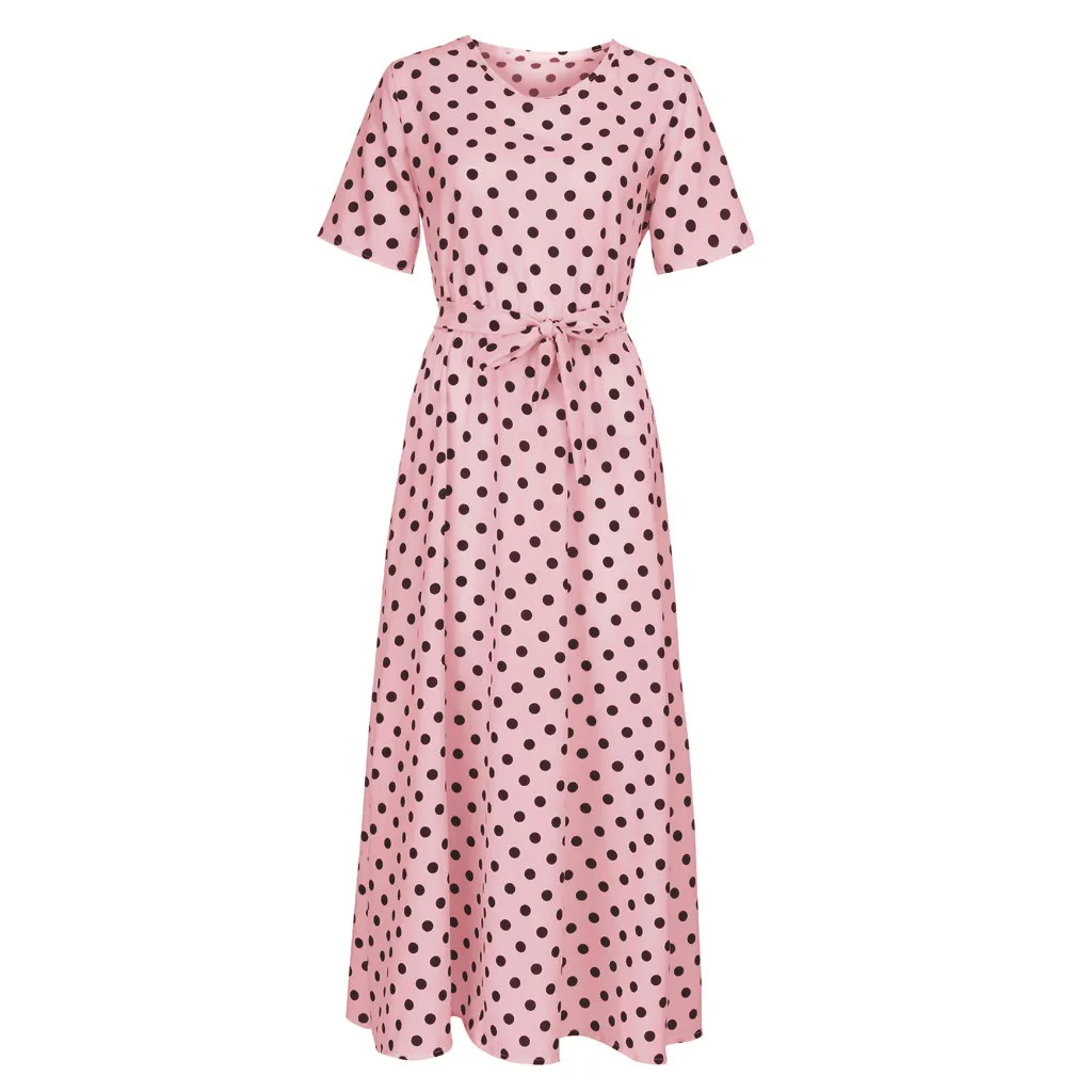 Pink Женское платье, длинное, элегантное, в горошек, с поясом, повседневное, летнее, макси платье, бохо, вечерние платья,, плюс размер, vestidos, robe Femme 19My - Цвет: Pink