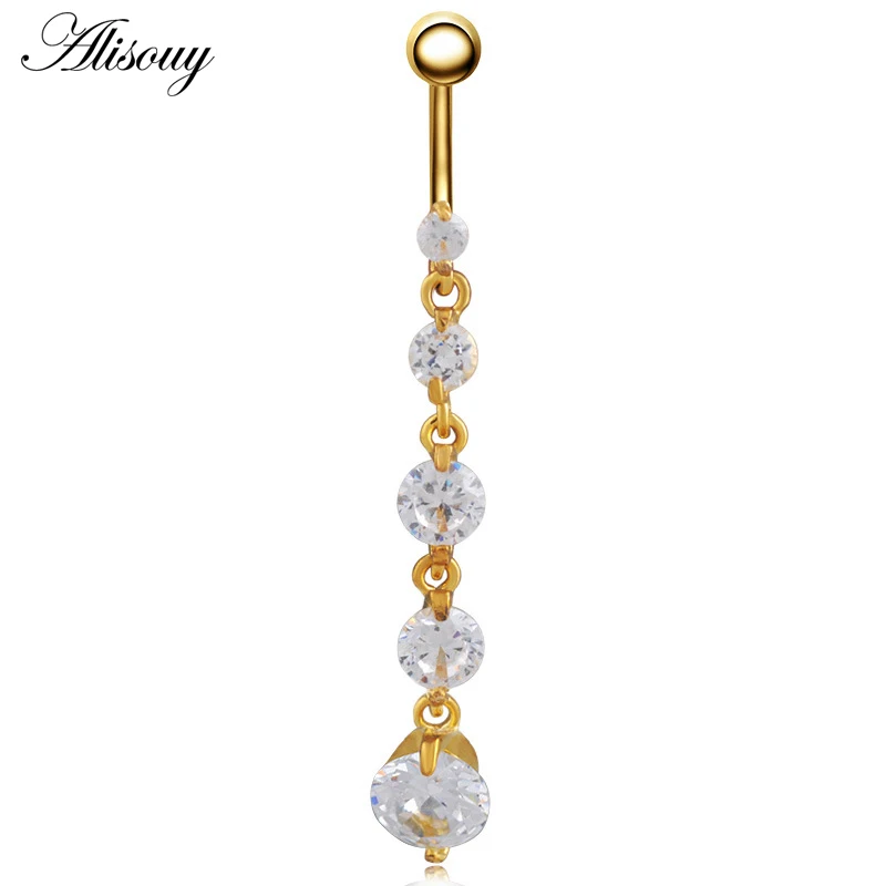 Gold Clear CZ Alisouy 1 шт. пляжный сексуальный Золотой Прозрачный кристаллический Циркон болтающиеся Длинные Кольца для пупка для женского танца пирсинг украшения для тела - Окраска металла: Gold Clear CZ