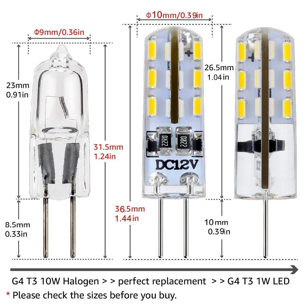 10 Pack - DC 12V G4 LED Bulbs 1 Watt 24 x 3014 SMD 80LM Equivalent 10W Halogen Lamp Warm White 2700K 3200K | Лампы и освещение